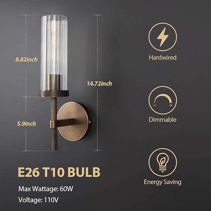 15" Knurled Brass Wall Sconces Set of 2, Bronze Bathroom Vanity Light Fixtures with Vertical Striped Glass Tube, Modern Lamp Lighting for Bedroom, Living Room, Hallway, Staircase, Mirror, Kitchen
