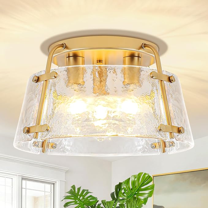 Gold Semi Flush Mount Ceiling Light 3-Light Modern Hammered Glass Chandelier Entryway Light Fixtures Kitchen Lighting Close to Ceiling Lights for Hallway Dining Room Bathroom Bedroom Foyer