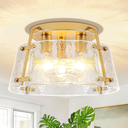 Gold Semi Flush Mount Ceiling Light 3-Light Modern Hammered Glass Chandelier Entryway Light Fixtures Kitchen Lighting Close to Ceiling Lights for Hallway Dining Room Bathroom Bedroom Foyer