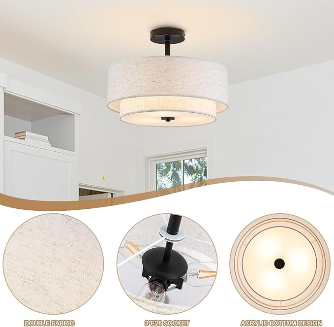 BUXVRCS Semi Flush Mount Ceiling Light Fixture, 3-Light Double Drum Lighting Fixtures with Fabric Shade, 16" Modern Light Fixtures Ceiling Mount Close to Ceiling Light for Bedroom (Black)
