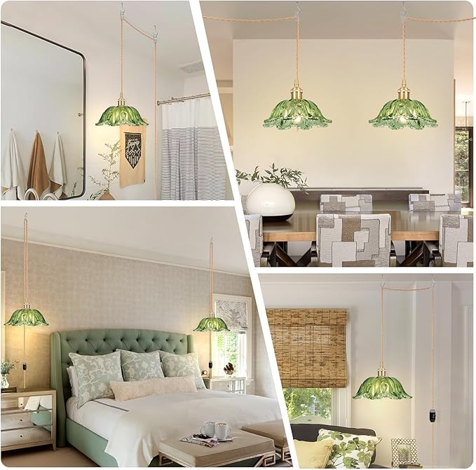 Plug in Pendant Light Fixtures,Hanging Light Fixture Corded On/Off Switch,10.6in E26 Green Glass Lampshade Pendant Lighting for Kitchen Island, Bedroom, Dining Room 2pack