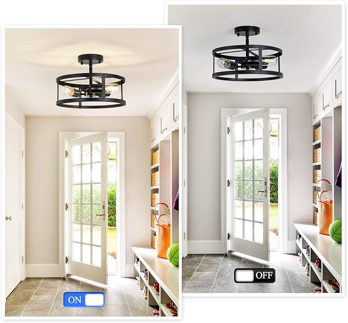 Semi Ceiling Light Fixture,3-Light Black Flush Mount Ceiling Light,13 Inch Hallway Light fixtures Ceiling,Light Fixtures Ceiling Mount for Farmhouse,Kitchen (2, 13.1 inch)