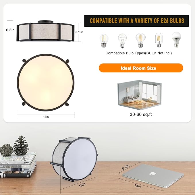 18" Semi Flush Mount Ceiling Light Modern 3-Lights Black Drum Ceiling Light Fixture with Fabric Linen Shade, Vintage Modern Ceiling Lighting for Laundry Room, Kitchen, Basement, Bedroom