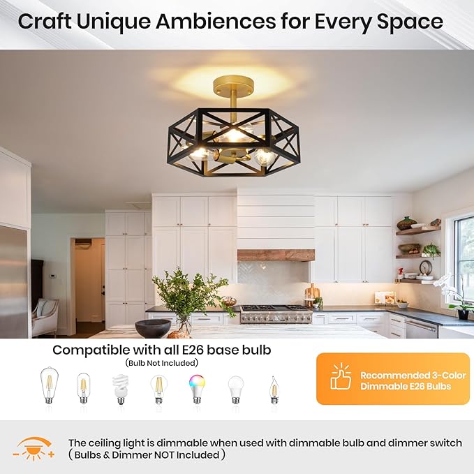 Farmhouse Light Fixtures Ceiling Mount 3-Light E26 Black Gold Semi Flush Mount Ceiling Light Fixture, Industrial Rustic Close to Ceiling Hallway Lights for Bathroom Entryway Kitchen