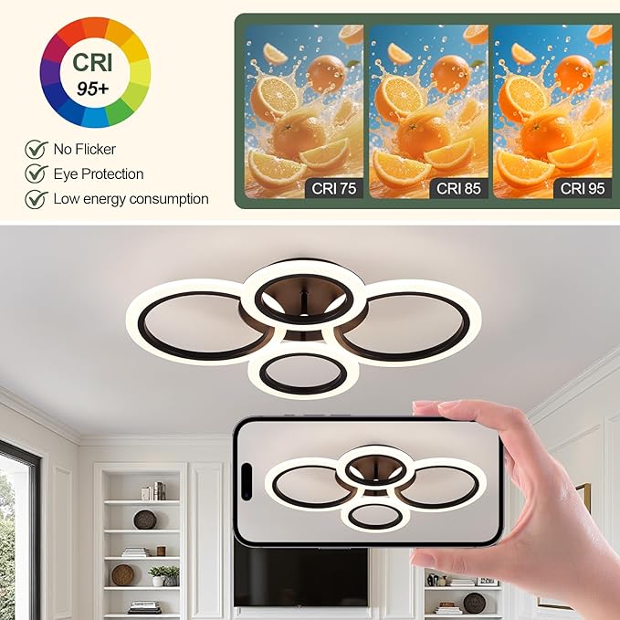 Modern Ceiling Lights 24" 40W, Dimmable Kitchen Lighting Fixtures Ceiling, 3000-6500K Light Fixture Ceiling Mount with Remote Control, Black 4 Ring LED Ceiling Light for Bedroom