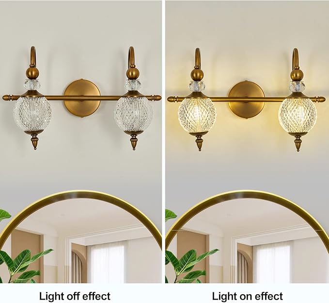 Vintage Vanity Light 2 Lights Gold Bathroom Light Fixtures Over Mirror with Acrylic Globe Shade