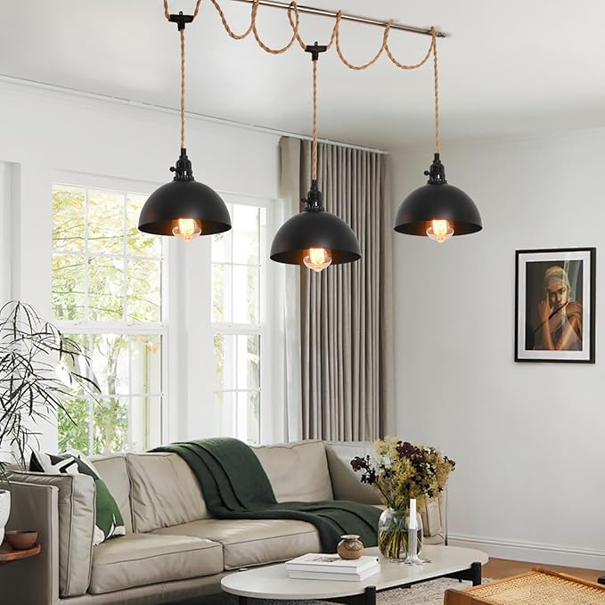 3 Light Hemp Rope Plug in Pendant Light Rattan Hanging Lights with Plug in Cord with Woven Lamp Shade, Hanging Lights with Plug in Cord Hemp Rope Hanging Lamp