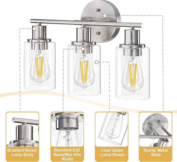 Pia Ricco 3-Light Bathroom Vanity Light Fixtures, Brushed Nickel Vanity Lights with Clear Glass Shades,Modern Wall Lights Over Mirror, Bath Wall Sconces for Mirror Living Room Bedroom Hallway