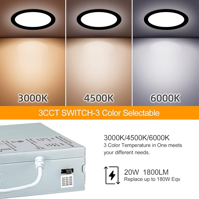 LZHOME 6 Pack 8 Inch LED Recessed Lighting with Junction Box Ultra-Thin, 3000K/4500K/6000K Selectable, 8" Dimmable Canless LED Downlight, 1800LM CRI80 High Brightness 5%-100% Recessed Light (Black)
