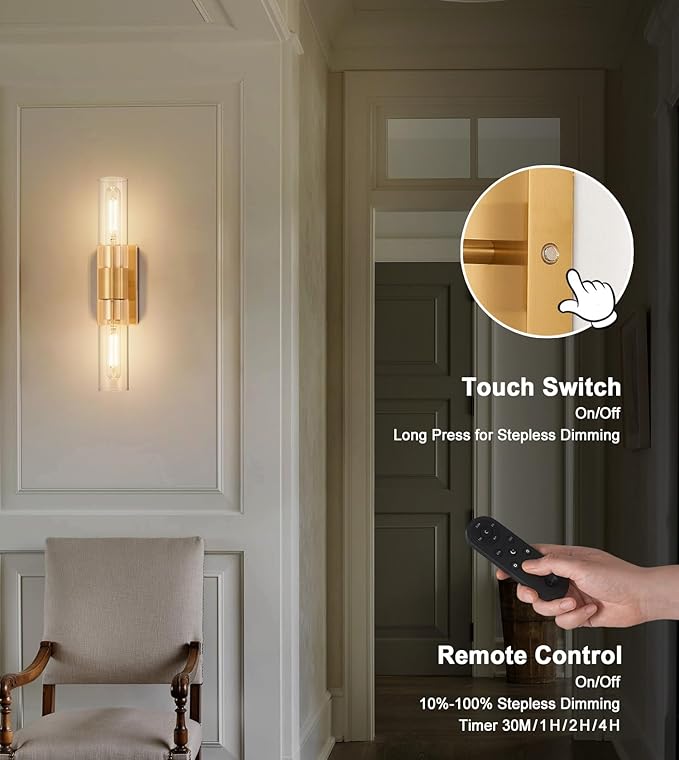 SANTOSTOCK Gold Battery Operated Wall Sconce Set of 2 with Remote Control, 12000mAh Rechargeable Wall Lights, Wireless Dimmable Wall Lamps for Bedroom Living Room Bathroom Hallway Entryway Stairwell