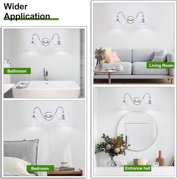 Modern Bathroom Vanity Light Fixtures 2 Lights Chrome Vanity Lights for Bathroom with Floral Crystal Glass Shade Modern Wall Lamp for Mirror(Exclude E26 Bulb)