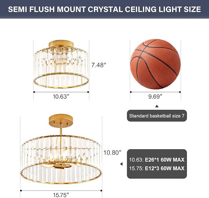 Modern Gold Semi Flush Mount Ceiling Light Crystal 3-Light Light Fixture 15.75 Inch Kitchen Ceiling Lighting for Living Room Bedroom Dining Room Bathroom Entryway (Bulb Not Included)