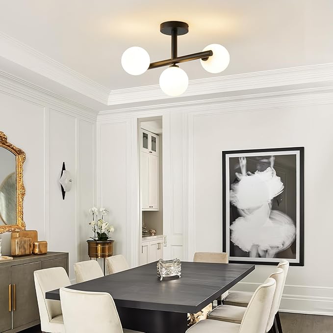 Globe Milk Glass Ceiling Light: Black 3 Lights Sputnik Chandelier - Linear Mid Century Modern Semi Flush Mount Ceiling Light - 13 Inch Brass Lighting Fixture with Sphere Shade for Bedroom Living Room