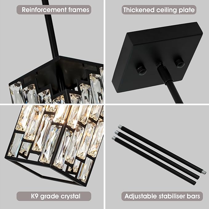 Crystal Pendant Lights Kitchen Island 2 Pack, Modern Black Chandelier Height Adjustable, Hanging Lights for Kitchen Island Dining Room Bedroom