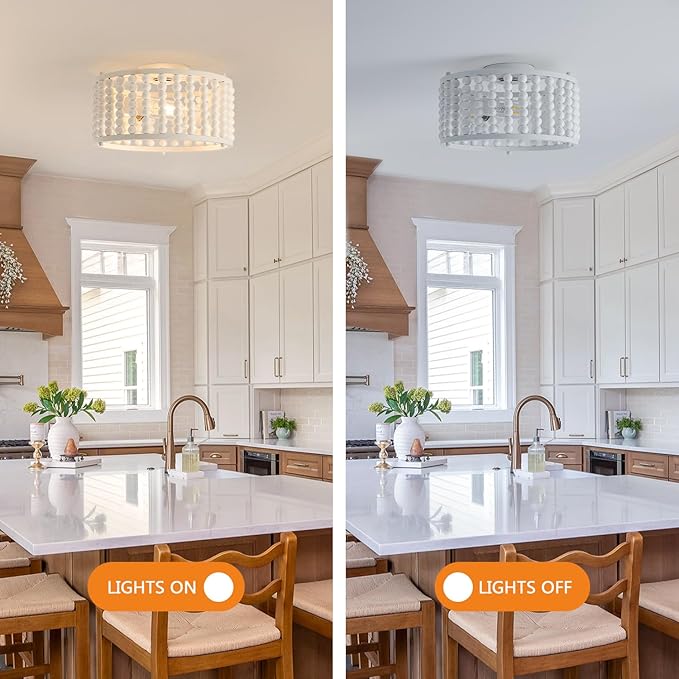 Luupyia White Beaded Boho Ceiling Light 3Lights, 12.79inches Wooden Bead Ceiling Light Fixture Mini Bohemian Chandelier Coastal Semi Flush Mount Overhead Lighting for Bedroom Hallway, E26