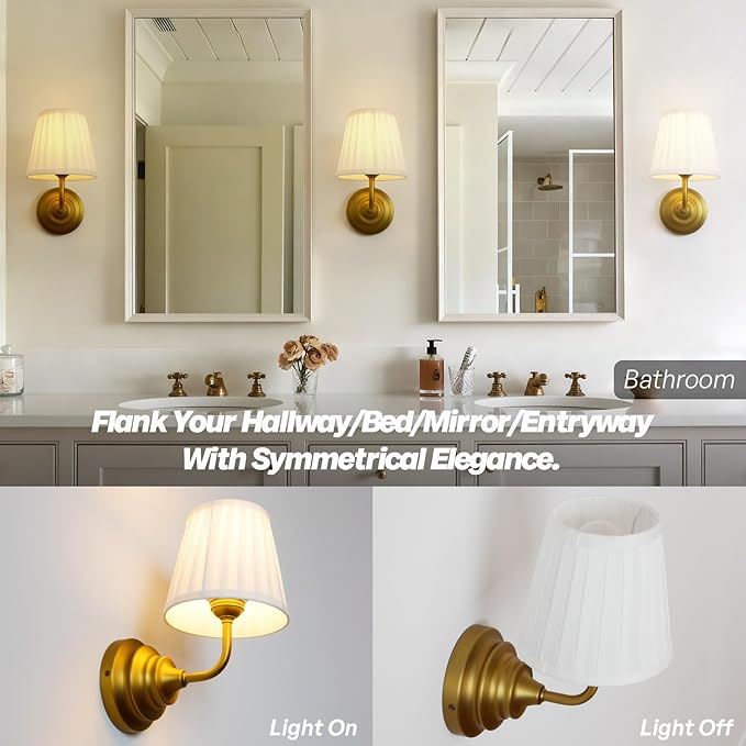 Vintage Gold Wall Sconce Light Brass Bathroom Vanity Light with White Fabric Shade Hardwire Modern Wall Sconces Lamp for Bedroom Living Room Bathroom Kitchen Indoor E26