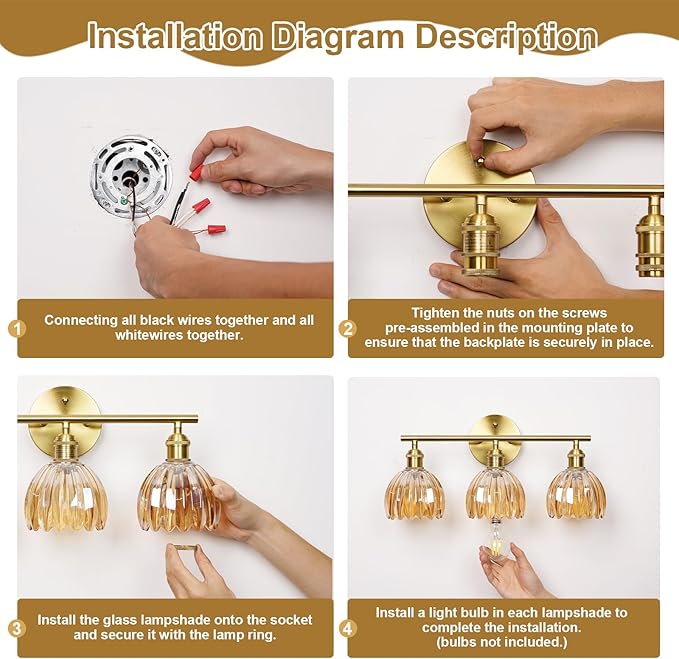 Vintage Bathroom Light Fixtures,3-Light Hardwired Vanity Lights with Amber Tulip Glass Shade,Gold Bathroom Vanity Light for Mirror Restroom,E26 Socket,18.5 in(Bulbs Not Included)