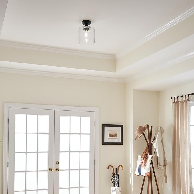 Kichler Winslow 8.5" 1-Light Semi Flush Mount Light with Clear Seeded Glass in Black for Kitchen, Bar, Laundry, Hallway, Bedroom, Dining Room (8.5" x 10.75"), 44033BK