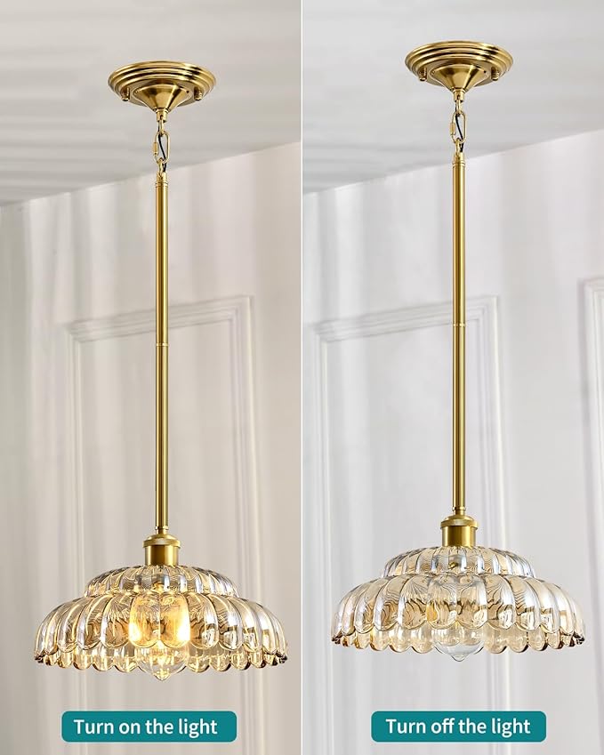 Elegant Amber Glass Pendant Lamp with Gold Base, Modern Chic Lighting Fixture for Living Room, Bedroom, and Office