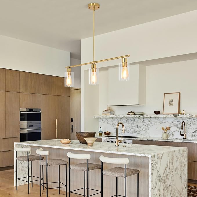 3-Light Kitchen Island Lighting, Farmhouse Dining Room Light Fixtures Over Table, Modern Gold Island Lights Over Island, 31" Linear Chandelier Hanging Ceiling Pendant Light Fixtures for Kitchen