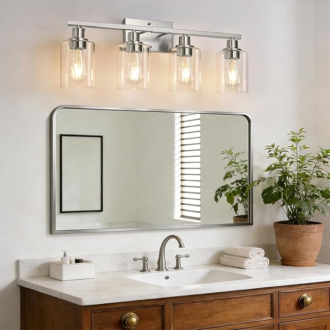 MOKATNG 4-Light Bathroom Light Fixtures, Vanity Light with Clear Glass Shades, Brushed Nickel Bathroom Light Fixtures Over Mirror, Modern Bathroom Wall Lamp for Mirror Living Room Cabinet Bedroom