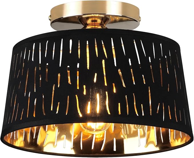 Modern Ceiling Light Fixture, 10 Inch Semi Flush Mount Lamp with Black Cut-Out Linen Shade, E26 Base, Gold for Kitchen Bedroom Hallway Closet Entryway Room Small Spaces