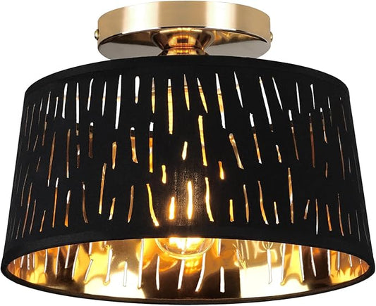 Modern Ceiling Light Fixture, 10 Inch Semi Flush Mount Lamp with Black Cut-Out Linen Shade, E26 Base, Gold for Kitchen Bedroom Hallway Closet Entryway Room Small Spaces