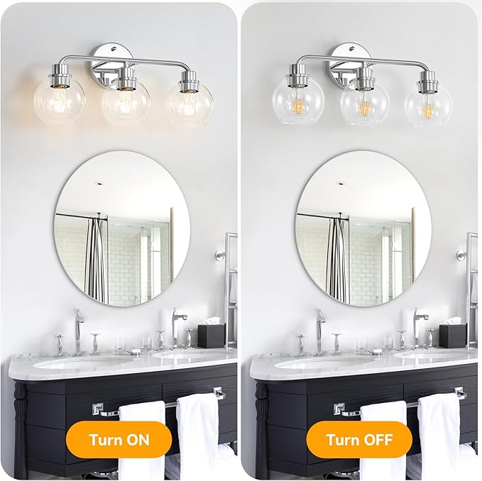 Bathroom Light Fixtures Chrome Vanity Light Silver 3 Light Modern Wall Sconces Lighting Bathroom Lights with Globe Glass Shades Bath Wall Lights Wall Lamp for Mirror Kitchen Living Room Hallway