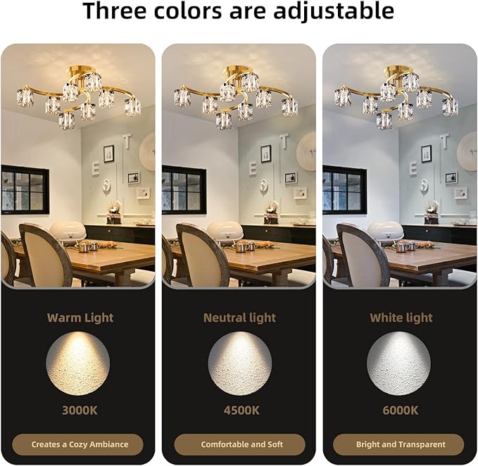 Semi Flush Mount Ceiling Light Fixture with 8-Light, Gold Modern Sputnik Chandeleirs Crsytal Ceiling Light for Dining Room, Bedroom, Living Room, Hallway,Entryway,Kitchen