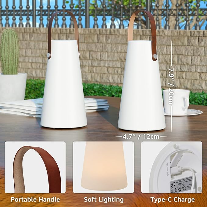 2 Pack Outdoor Lanterns, GGII Rechargeable Camping Lantern with IP44 Waterproof, Battery Operated Outdoor Portable Cordless Table Lamp with RGB Lights for Patio Terrace Balcony Garden (Leather Handle)