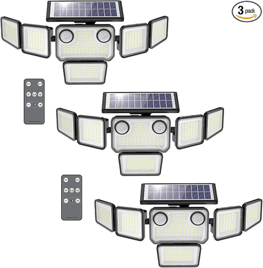 Solar Lights Outdoor, 6000LM 310 LEDs Dual Motion Sensor Solar Flood Lights 6 Heads Security Wall Lights, IP65 Waterproof, Remote Control for Garden, Outside, Backyard, 3 Pack