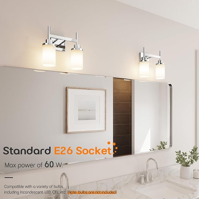 Vanity Lights Polished Chrome Bathroom Light Fixtures with White Frosted Glass Shade, Double Wall Sconces for Mirror Hallway Entrance Porch T001CH-L2