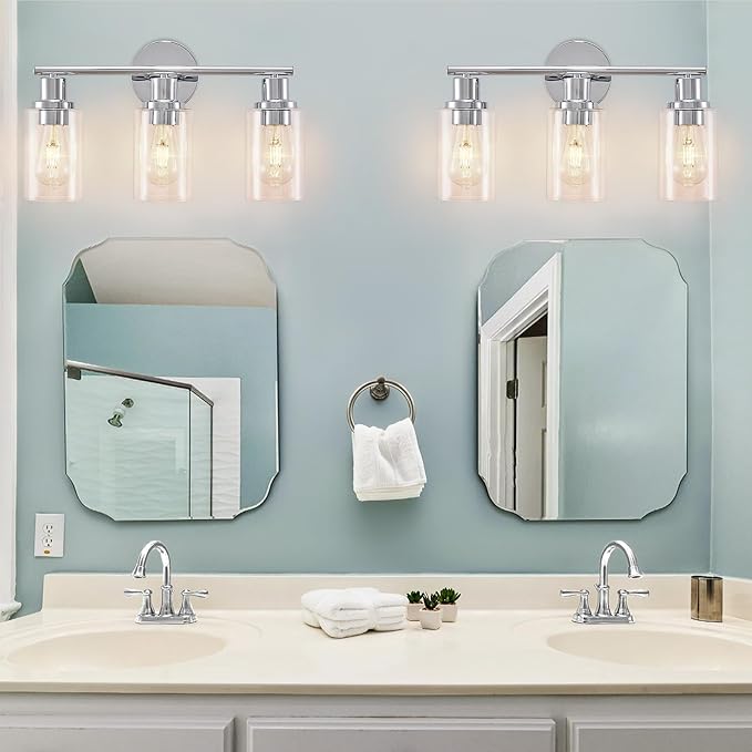 DLLT 3-Light Bathroom Light Fixtures: Chrome Modern Vanity Lights with Clear Glass Shade - Bathroom Wall Lamp for Mirror Kitchen Living Room - 2 Packs