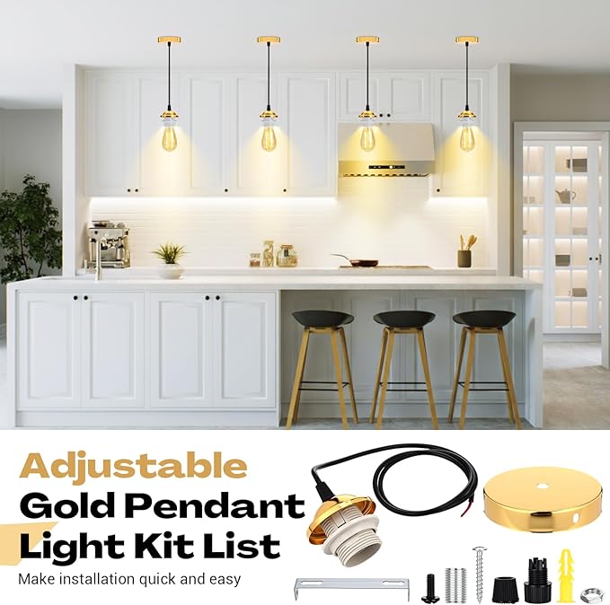 12 Pack Industrial Mini Pendant Light Kit Bulk, UL E26/E27 Lamp Socket 3.28 ft Adjustable Hanging Light Cord Kit Edison Vintage Retro Ceiling Lamp Fixture for Kitchen Bar Decor(Gold)