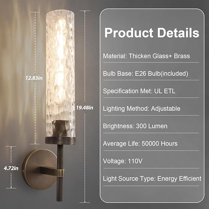 Bronze Wall Sconces Set, 19.5" Brushed Brass Knurled Bathroom Wall Sconces with Water Ripple Glass Shade, Dimmable Indoor Vanity Wall Light Fixtures for Living Room Hallway Bedroom Staircase