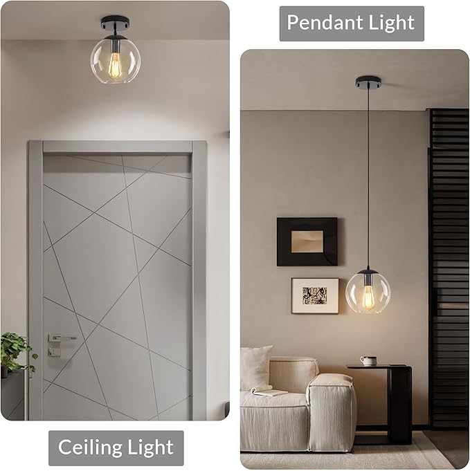 Globe Pendant Light, Modern Hanging Lighting Fixture, Classic Cluster Chandelier with Clear Glass Shades(Black, 1 Lights, 4.7 Inch)