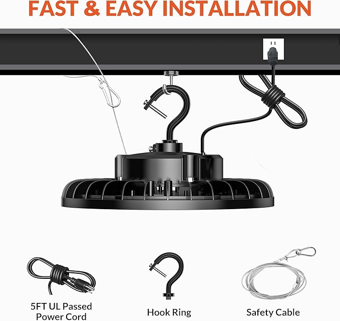 UFO LED High Bay Light 150W 21,000lm 5000K Aluminum LED Shop Lights with US Plug 5’ Cable Waterproof Commercial Bay Lighting Fixture for Warehouse Garage Workshop Factory