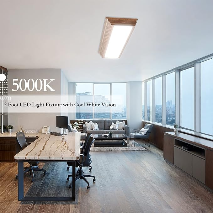 FAITHSAIL 2FT LED Light Fixture with 3000K/4000K/5000K CCT Selectable Dimmable 2 Foot LED Linear with Wooden Look 30W 3300LM Flush Mount Ceiling Wraparound for Kitchen, Bedroom, Laundry