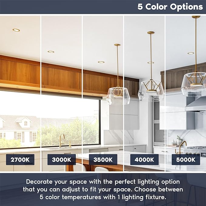 LUXRITE 6 Inch Ultra Thin LED Recessed Light with J-Box, 12W, 5 Color Options 2700K | 3000K | 3500K | 4000K | 5000K, Dimmable Wafer Light, 1000 Lumens, Brass Trim, Energy Star, IC Rated