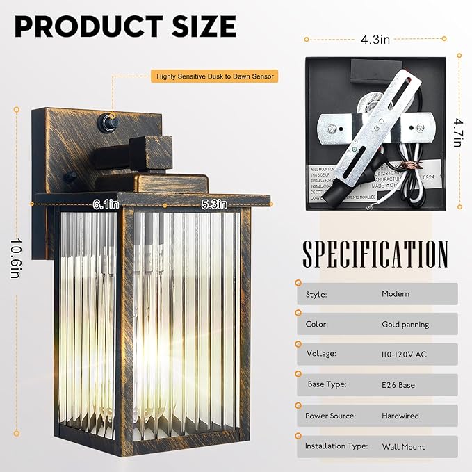 2 Pack Outdoor Wall Lights with Dusk to Dawn Sensor, Waterproof Exterior Lights for House Porch and Garage, Black Brush Gold Metal Wall Sconce with Textured Glass