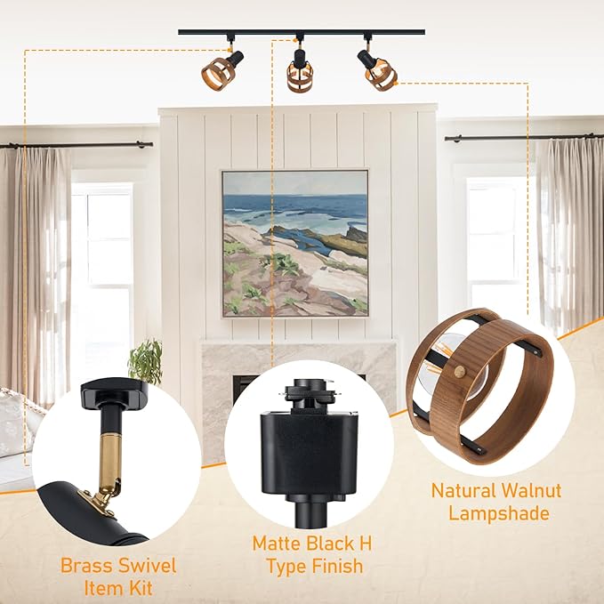 Modern H-Type Track Lighting, Black Adjustable Heads with Real Walnut Wood Lampshade and Brass Swivel, for Accent Retail-Pack of 3, E26 Base