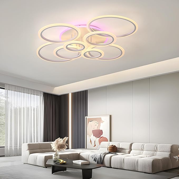 Modern LED Ceiling Light,41.3'' Dimmable Flush Mount Ceiling Lights with Remote,Acrylic Round Ceiling Lighting Fixture for Living Room Dining Room Bedroom Kitchen(White,8 Rings,80W)