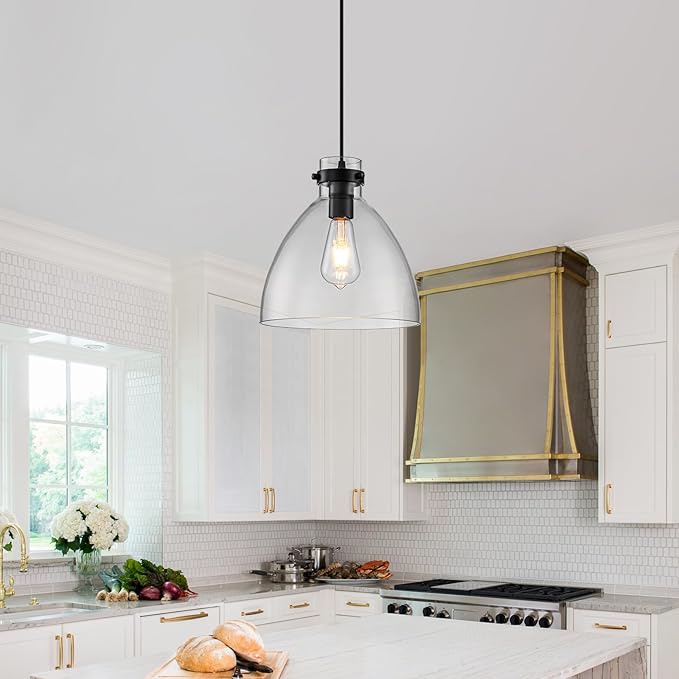 WILON Pendant Lights, Pendant Lights Kitchen Island, 1-Pack Black Farmhouse Pendant Light Fixtures with 9.8" Round Glass Shade for Dining Room Over Table Sink Bar Foyer