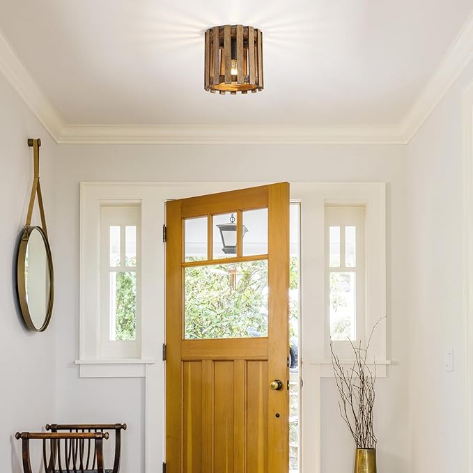 Rustic Farmhouse Ceiling Light, Wood Cage Mini Flush Mount Light, Hallway Light Fixtures for Entryway for Kitchen, Dining Room, Brown