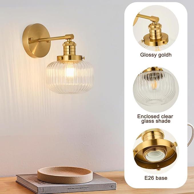 TERLEENART Hard Wired Vintage Wall Sconce with Clear Ribbed Glass Shade,Indoor 1-Light Wall Mounted Lamp for Bedroom Living Room Bathroom Hallway