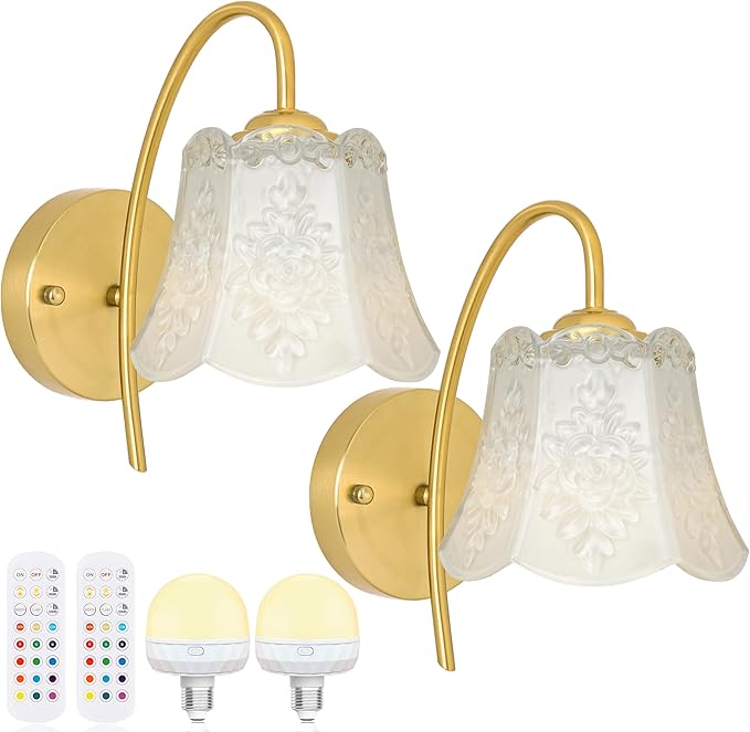 Wireless Wall Sconce with Flower lampshade, Battery Operated Wall Lights,Wall lamp with 15 Colors for Bedroom Living Room Home Decor (White Flower, 2 Light Battery Operated)
