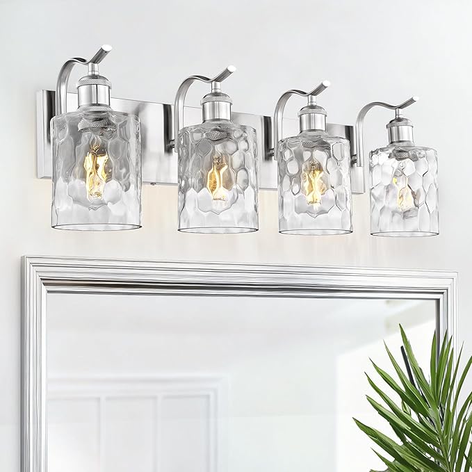 Bathroom Vanity Light Fixtures Over Mirror 4-Light Hammered Glass Wall Mounted Modern Brushed Nickel - VL01BNH-4