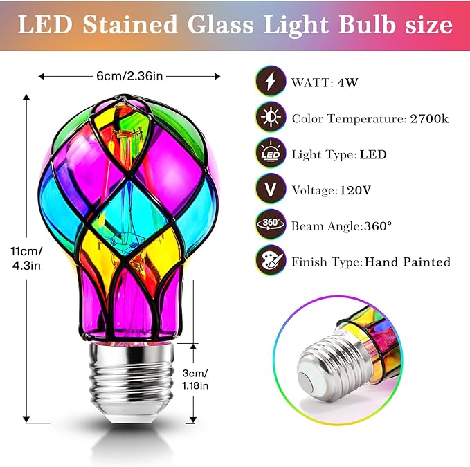MIAOKE Stained Glass Light Bulb, 4W E26 Base A19 Colorful Light Bulb, Stained Glass Decorative LED Bulbs for Home, Party, Christmas, Garden, Balcony