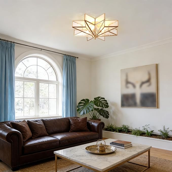 Brass Flush Mount Ceiling Light with Ceramic Light Socket, Star Shaped Ceiling Light Fixture, Mid Century Glass Ceiling Mount Lamp for Entryway, Foyer, Bedroom (Rippled Glass, 19.7")