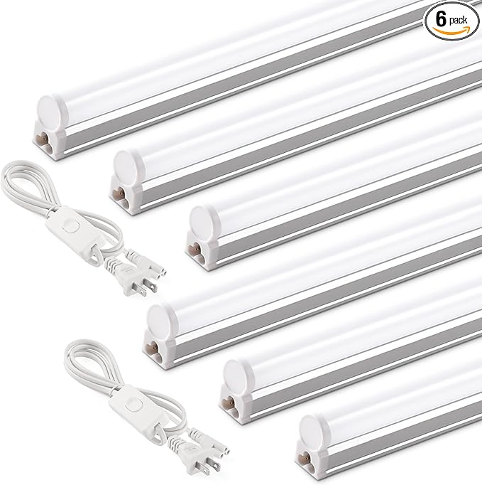 Barrina T5 4FT LED Shop Light, 2 Pcs Power Cords 6500K Super Bright White 2200lm 20W Utility Light Fixture, Ceiling Commercial Bay Light for Workshop Garage, Corded Electric with ON/Off Switch, 6 Pack